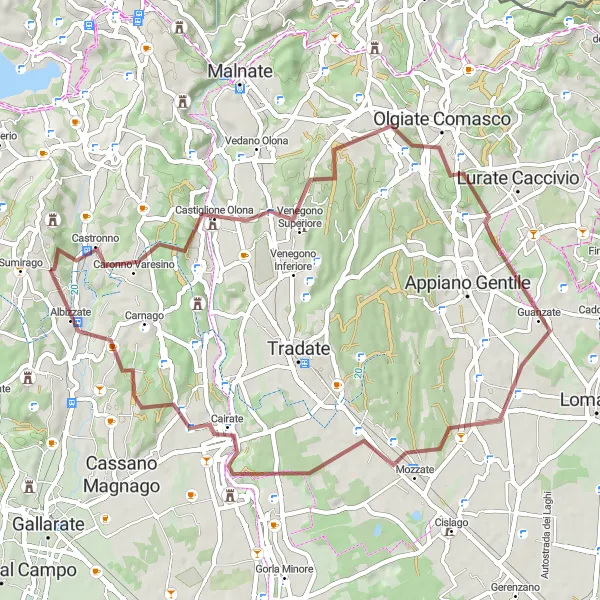 Map miniature of "Gravel Adventure in Albizzate" cycling inspiration in Lombardia, Italy. Generated by Tarmacs.app cycling route planner