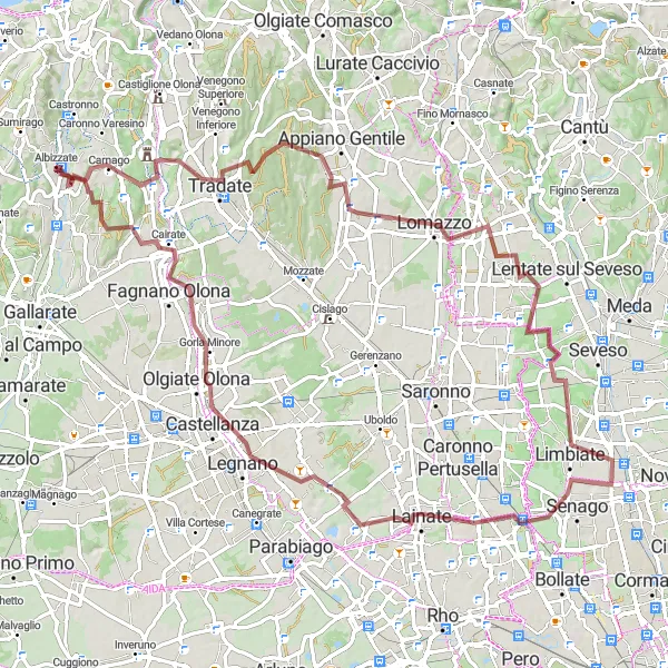 Miniatura della mappa di ispirazione al ciclismo "Esplorando il territorio intorno a Albizzate in gravel bike" nella regione di Lombardia, Italy. Generata da Tarmacs.app, pianificatore di rotte ciclistiche