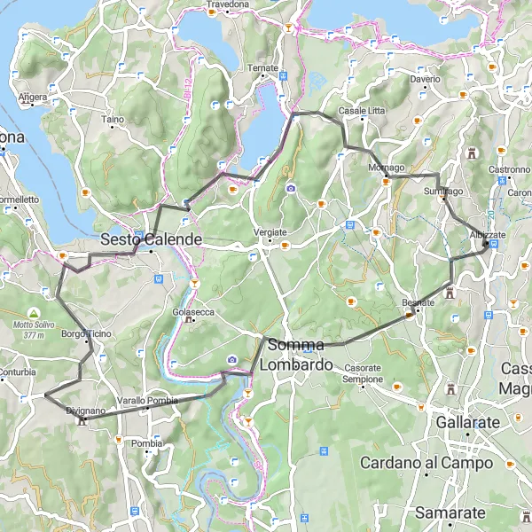 Zemljevid v pomanjšavi "Cestna kolesarska tura v okolici Albizzata" kolesarske inspiracije v Lombardia, Italy. Generirano z načrtovalcem kolesarskih poti Tarmacs.app