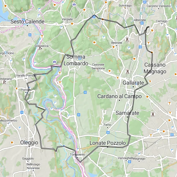 Miniatura della mappa di ispirazione al ciclismo "Tour panoramico tra Albizzate e i dintorni" nella regione di Lombardia, Italy. Generata da Tarmacs.app, pianificatore di rotte ciclistiche