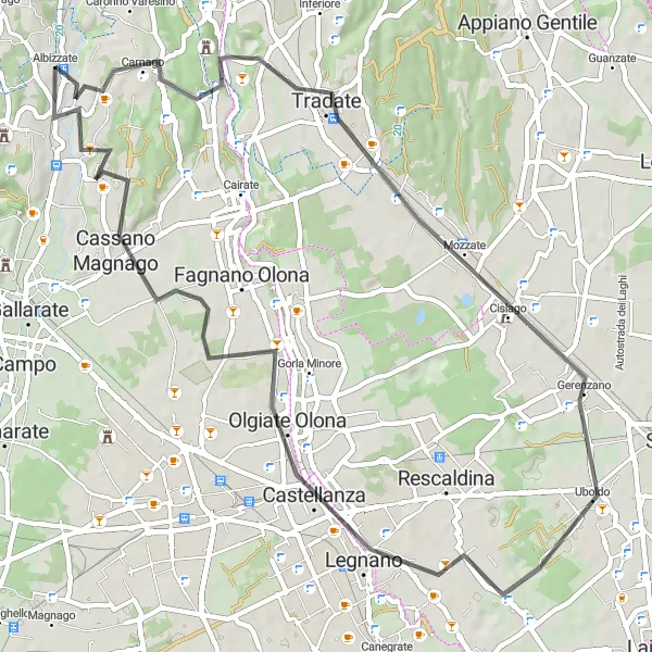 Karttaminiaatyyri "Tradate - Orago Route" pyöräilyinspiraatiosta alueella Lombardia, Italy. Luotu Tarmacs.app pyöräilyreittisuunnittelijalla