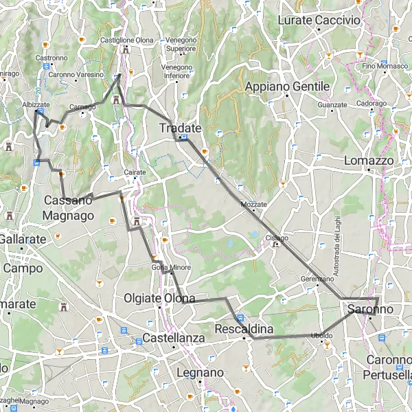 Karttaminiaatyyri "Carnagon kautta Gerenzanoon" pyöräilyinspiraatiosta alueella Lombardia, Italy. Luotu Tarmacs.app pyöräilyreittisuunnittelijalla