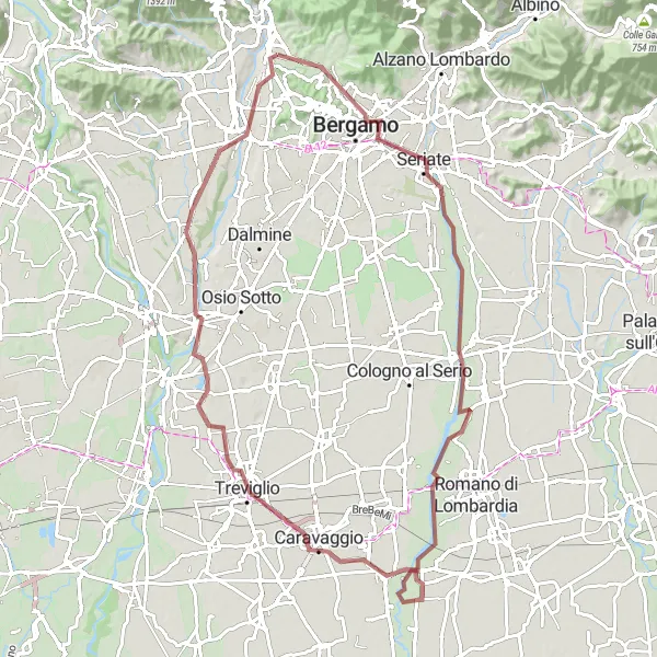 Mapa miniatúra "Gravel Grassobbio Exploration" cyklistická inšpirácia v Lombardia, Italy. Vygenerované cyklistickým plánovačom trás Tarmacs.app