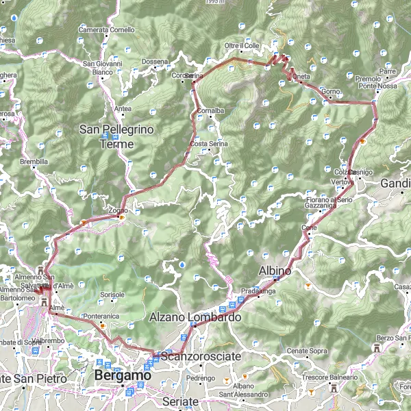 Zemljevid v pomanjšavi "Gravelska doživetja okoli Almèja" kolesarske inspiracije v Lombardia, Italy. Generirano z načrtovalcem kolesarskih poti Tarmacs.app