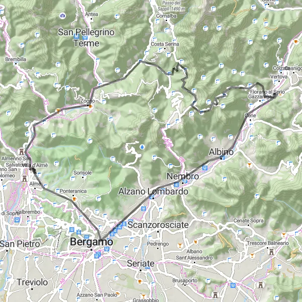 Map miniature of "Almè to Alzano Lombardo Epic Road Cycling Route" cycling inspiration in Lombardia, Italy. Generated by Tarmacs.app cycling route planner