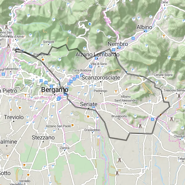 Miniaturní mapa "Krátká cyklotrasa kolem Almè" inspirace pro cyklisty v oblasti Lombardia, Italy. Vytvořeno pomocí plánovače tras Tarmacs.app