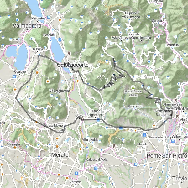 Miniaturní mapa "Okružní cyklostezka kolem Almè" inspirace pro cyklisty v oblasti Lombardia, Italy. Vytvořeno pomocí plánovače tras Tarmacs.app