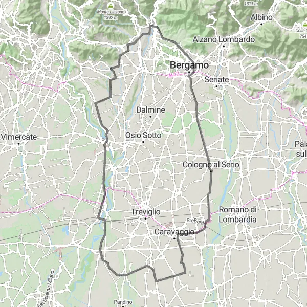 Kartminiatyr av "Landevei rundtur fra Almè til Bergamo" sykkelinspirasjon i Lombardia, Italy. Generert av Tarmacs.app sykkelrutoplanlegger