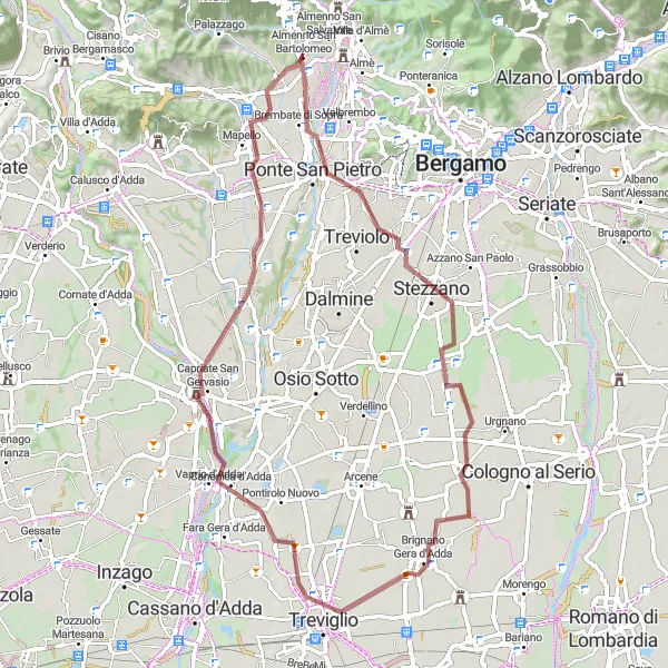 Karttaminiaatyyri "Reitti Trezzo sull'Addaan" pyöräilyinspiraatiosta alueella Lombardia, Italy. Luotu Tarmacs.app pyöräilyreittisuunnittelijalla