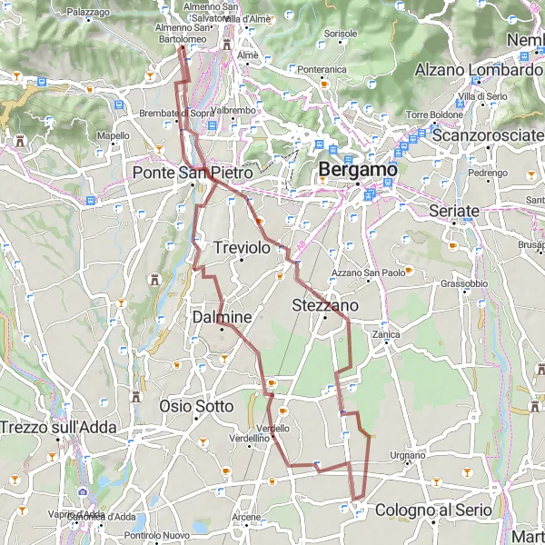 Miniatua del mapa de inspiración ciclista "Ruta de Grava de Roccolone a Ponte San Pietro" en Lombardia, Italy. Generado por Tarmacs.app planificador de rutas ciclistas