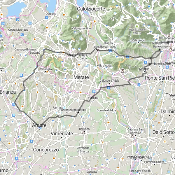 Zemljevid v pomanjšavi "Uživajte v slikoviti vožnji po pokrajini Lombardije" kolesarske inspiracije v Lombardia, Italy. Generirano z načrtovalcem kolesarskih poti Tarmacs.app
