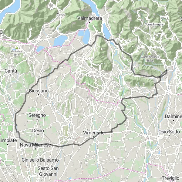 Miniatuurkaart van de fietsinspiratie "Bergen en Meren Route" in Lombardia, Italy. Gemaakt door de Tarmacs.app fietsrouteplanner