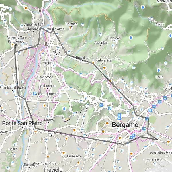 Map miniature of "Exploring the Hills: Almenno San Salvatore Circuit" cycling inspiration in Lombardia, Italy. Generated by Tarmacs.app cycling route planner