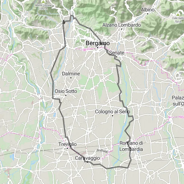 Map miniature of "Almenno San Bartolomeo - Romano di Lombardia Circuit" cycling inspiration in Lombardia, Italy. Generated by Tarmacs.app cycling route planner