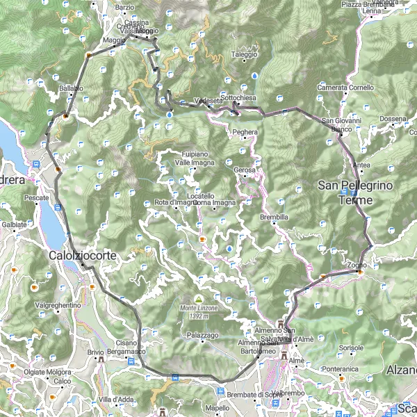 Map miniature of "The Challenging Routes of Almenno San Bartolomeo" cycling inspiration in Lombardia, Italy. Generated by Tarmacs.app cycling route planner