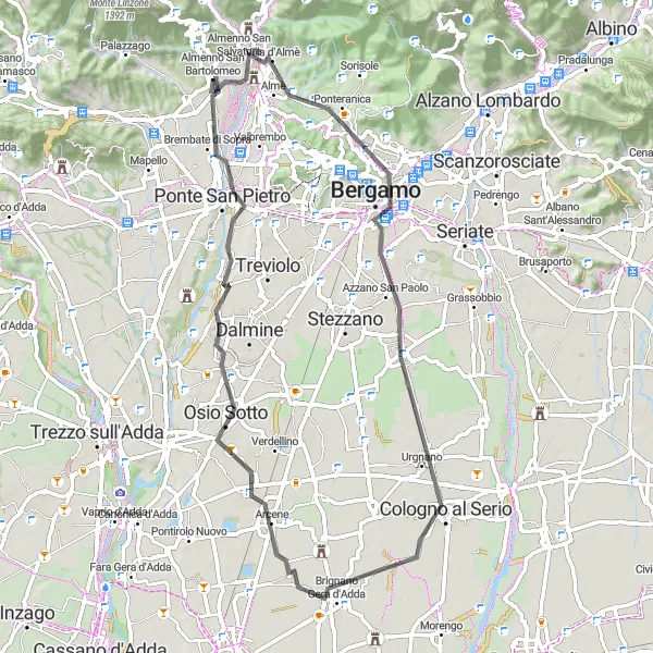 Map miniature of "Almenno San Bartolomeo - Ciserano Loop" cycling inspiration in Lombardia, Italy. Generated by Tarmacs.app cycling route planner