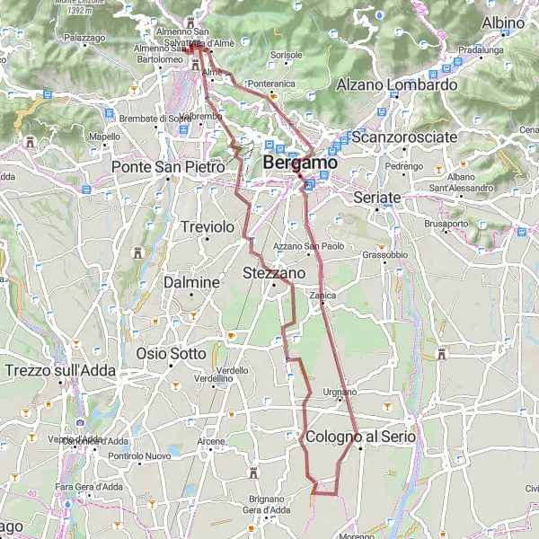 Map miniature of "Gravel Adventure: Exploring Almenno San Salvatore" cycling inspiration in Lombardia, Italy. Generated by Tarmacs.app cycling route planner