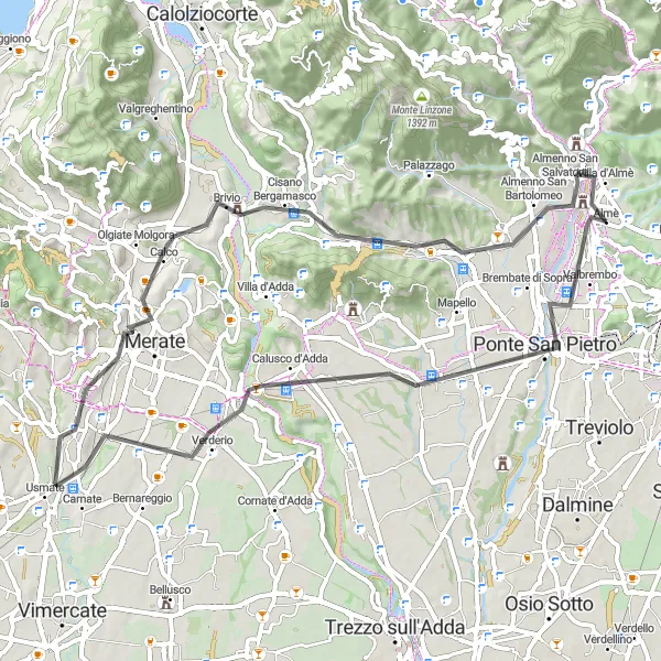 Zemljevid v pomanjšavi "Razburljiva cestna pot blizu Almenno San Salvatore" kolesarske inspiracije v Lombardia, Italy. Generirano z načrtovalcem kolesarskih poti Tarmacs.app