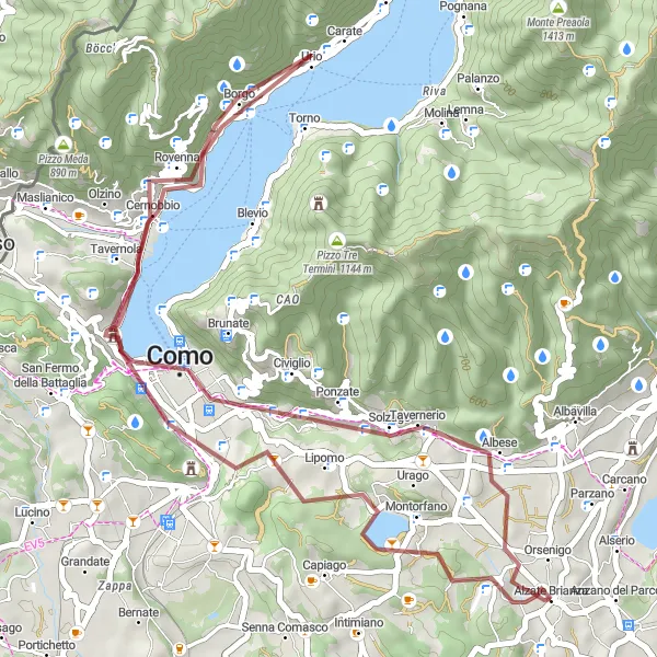 Mapa miniatúra "Gravelová okružná cyklistická trasa blízko Alzate Brianza" cyklistická inšpirácia v Lombardia, Italy. Vygenerované cyklistickým plánovačom trás Tarmacs.app