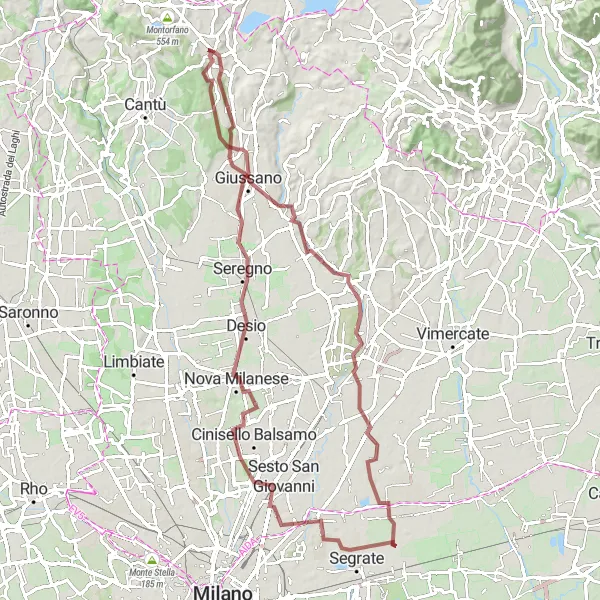 Miniatura della mappa di ispirazione al ciclismo "Ciclovia Gravel delle Colline Brianzole" nella regione di Lombardia, Italy. Generata da Tarmacs.app, pianificatore di rotte ciclistiche