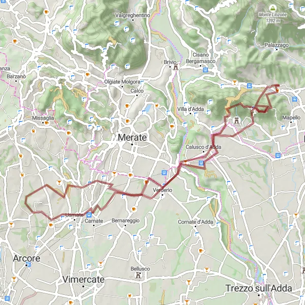 Map miniature of "Gravel Wonder: Ambivere Circuit" cycling inspiration in Lombardia, Italy. Generated by Tarmacs.app cycling route planner