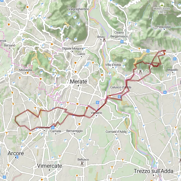 Karttaminiaatyyri "Sisäinen rauha: 59 km sora-pyöräilyreitti Ambiveren läheisyydessä" pyöräilyinspiraatiosta alueella Lombardia, Italy. Luotu Tarmacs.app pyöräilyreittisuunnittelijalla