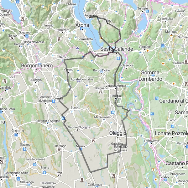 Map miniature of "Angera Cycling Loop" cycling inspiration in Lombardia, Italy. Generated by Tarmacs.app cycling route planner