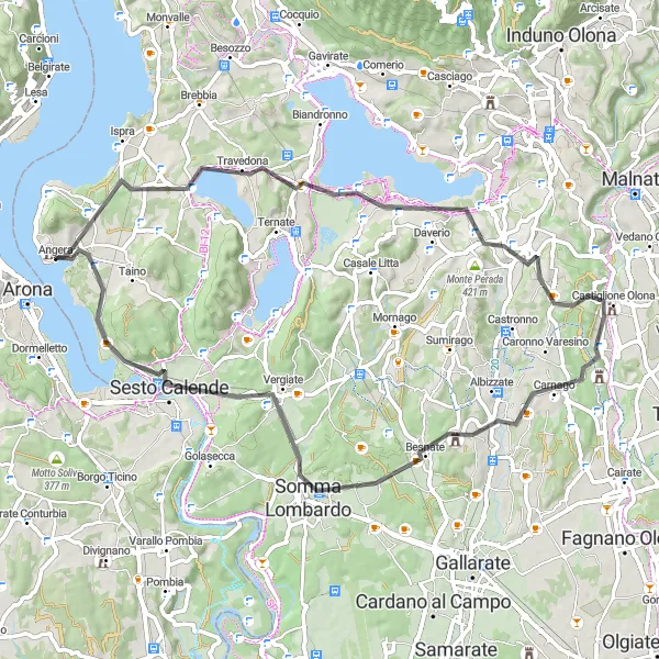 Map miniature of "Angera Loop via Cadrezzate and Somma Lombardo" cycling inspiration in Lombardia, Italy. Generated by Tarmacs.app cycling route planner