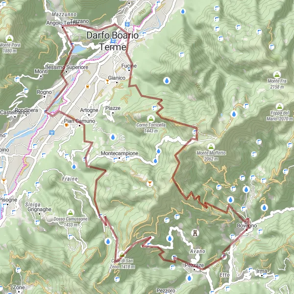 Zemljevid v pomanjšavi "Krožna kolesarska pot okoli Angolo Term (64 km, gravel)" kolesarske inspiracije v Lombardia, Italy. Generirano z načrtovalcem kolesarskih poti Tarmacs.app