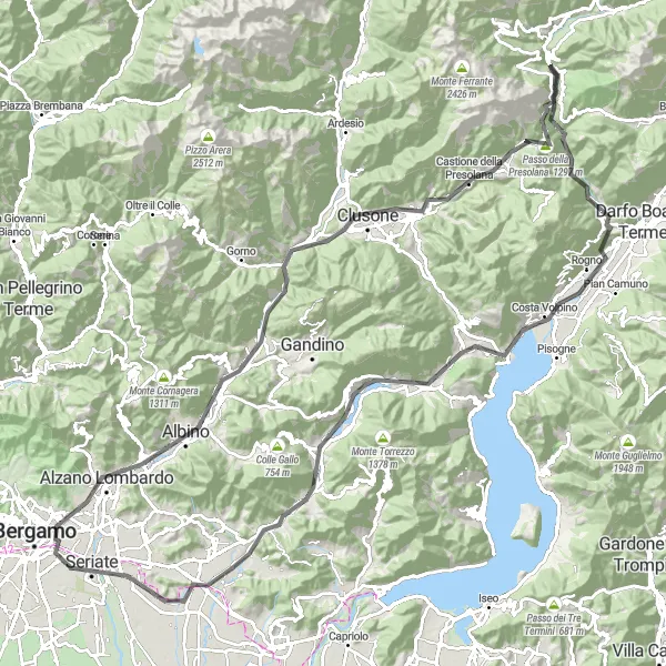 Zemljevid v pomanjšavi "Krožna kolesarska pot okoli Angolo Term (124 km, cesta)" kolesarske inspiracije v Lombardia, Italy. Generirano z načrtovalcem kolesarskih poti Tarmacs.app