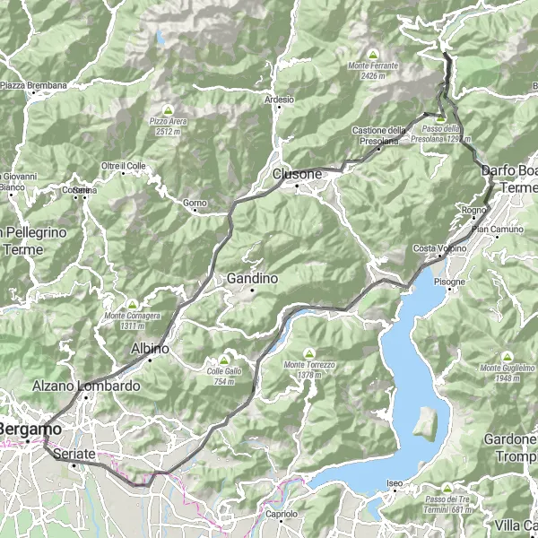 Miniatura della mappa di ispirazione al ciclismo "Avventura in bicicletta da Angolo Terme a Clusone" nella regione di Lombardia, Italy. Generata da Tarmacs.app, pianificatore di rotte ciclistiche