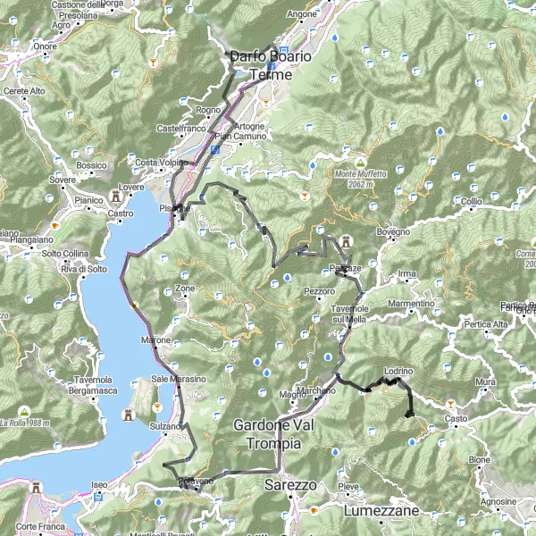 Karttaminiaatyyri "Pyöräily Rogno - Darfo Boario Terme" pyöräilyinspiraatiosta alueella Lombardia, Italy. Luotu Tarmacs.app pyöräilyreittisuunnittelijalla
