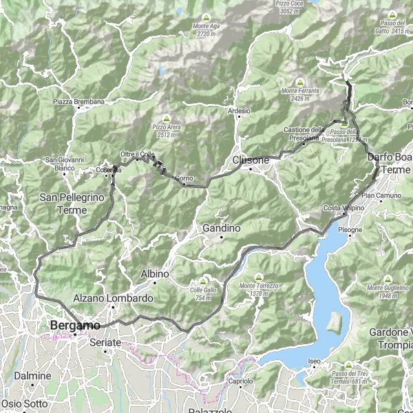 Zemljevid v pomanjšavi "Razgibana pot skozi gorske vrhove" kolesarske inspiracije v Lombardia, Italy. Generirano z načrtovalcem kolesarskih poti Tarmacs.app