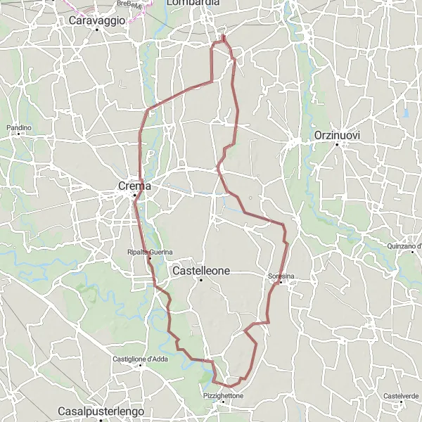 Mapa miniatúra "Gravelový okruh cez Romanengo a Crema" cyklistická inšpirácia v Lombardia, Italy. Vygenerované cyklistickým plánovačom trás Tarmacs.app