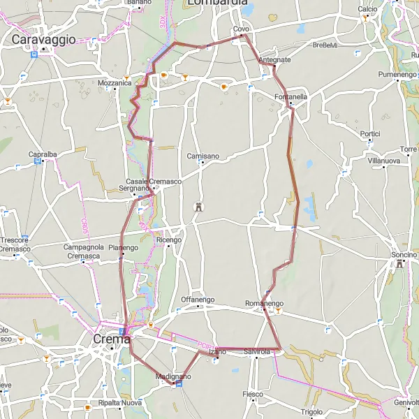 Miniatua del mapa de inspiración ciclista "Ruta de grava de Antegnate a Covo" en Lombardia, Italy. Generado por Tarmacs.app planificador de rutas ciclistas
