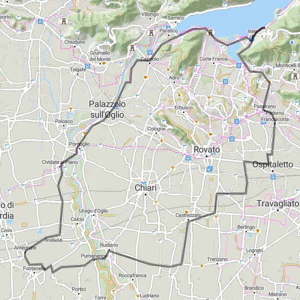 Miniatua del mapa de inspiración ciclista "Ruta en Carretera de Palazzolo sull'Oglio" en Lombardia, Italy. Generado por Tarmacs.app planificador de rutas ciclistas