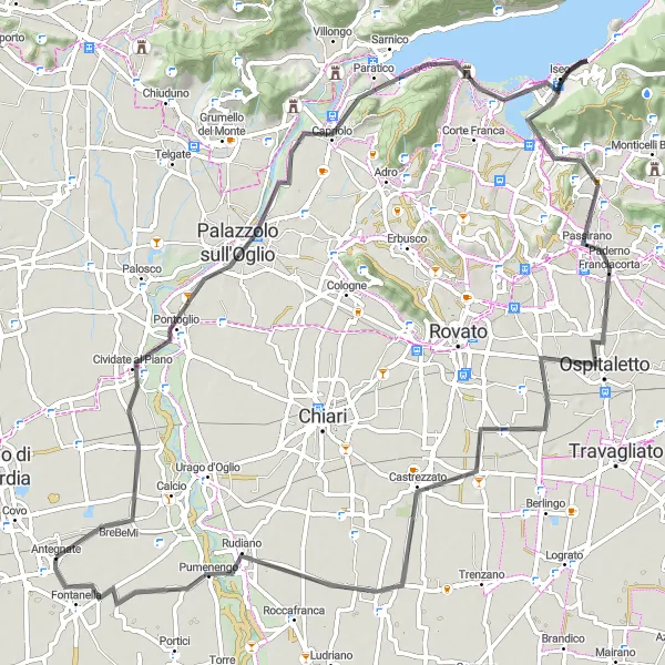 Miniature de la carte de l'inspiration cycliste "Palazzolo sull'Oglio - Capriolo - Montecolino - Ospitaletto - Castrezzato - Antegnate" dans la Lombardia, Italy. Générée par le planificateur d'itinéraire cycliste Tarmacs.app