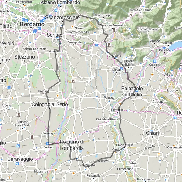 Miniatura della mappa di ispirazione al ciclismo "Tour ciclistico attraverso Urgnano e Carobbio degli Angeli" nella regione di Lombardia, Italy. Generata da Tarmacs.app, pianificatore di rotte ciclistiche