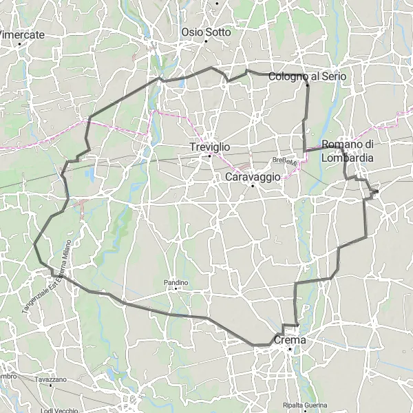 Kartminiatyr av "Lombardia Rundtur via Melzo og Romano di Lombardia" sykkelinspirasjon i Lombardia, Italy. Generert av Tarmacs.app sykkelrutoplanlegger