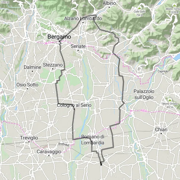 Miniatura della mappa di ispirazione al ciclismo "Giro in bicicletta verso Bergamo" nella regione di Lombardia, Italy. Generata da Tarmacs.app, pianificatore di rotte ciclistiche
