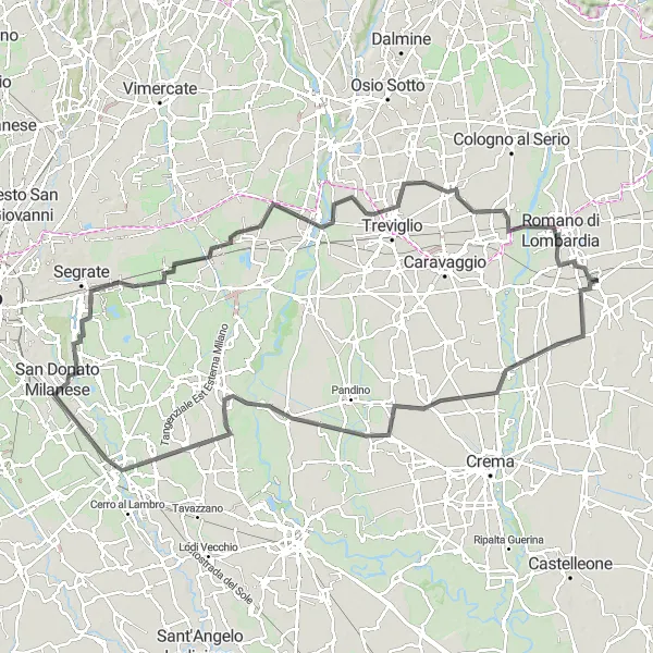 Miniaturní mapa "Okruh kolem Antegnate - Pianengo - Zelo Buon Persico - San Giuliano Milanese - Punto di osservazione del canneto - Vignate - Brignano Gera d'Adda - Covo" inspirace pro cyklisty v oblasti Lombardia, Italy. Vytvořeno pomocí plánovače tras Tarmacs.app