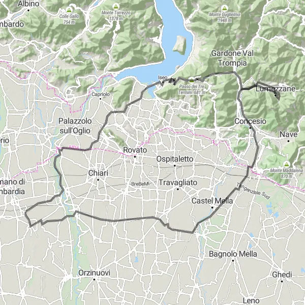 Karttaminiaatyyri "Ison matkan kiertäjän unelmareitti" pyöräilyinspiraatiosta alueella Lombardia, Italy. Luotu Tarmacs.app pyöräilyreittisuunnittelijalla