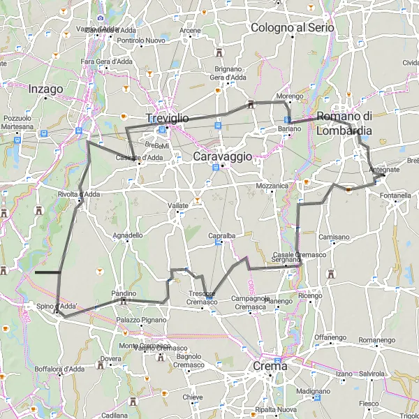 Miniaturní mapa "Road Route to Rivolta d'Adda" inspirace pro cyklisty v oblasti Lombardia, Italy. Vytvořeno pomocí plánovače tras Tarmacs.app
