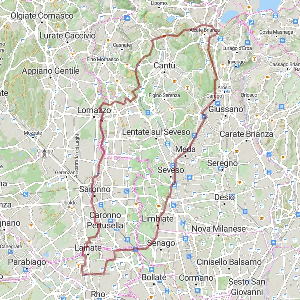 Miniatua del mapa de inspiración ciclista "Ruta de ciclismo de grava Meda-Limbiate-Lainate-Rovellasca-Senna Comasco-Alserio" en Lombardia, Italy. Generado por Tarmacs.app planificador de rutas ciclistas