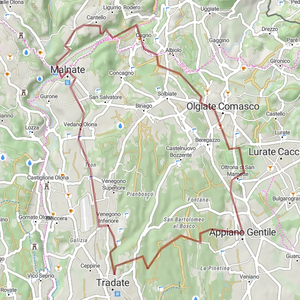 Kartminiatyr av "Grusvei fra Appiano Gentile til Tradate, Vedano Olona, Rodero og Oltrona di San Mamette" sykkelinspirasjon i Lombardia, Italy. Generert av Tarmacs.app sykkelrutoplanlegger