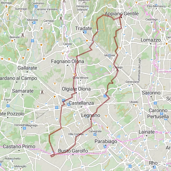Map miniature of "Gravel Adventure: Discovering the Countryside near Appiano Gentile" cycling inspiration in Lombardia, Italy. Generated by Tarmacs.app cycling route planner