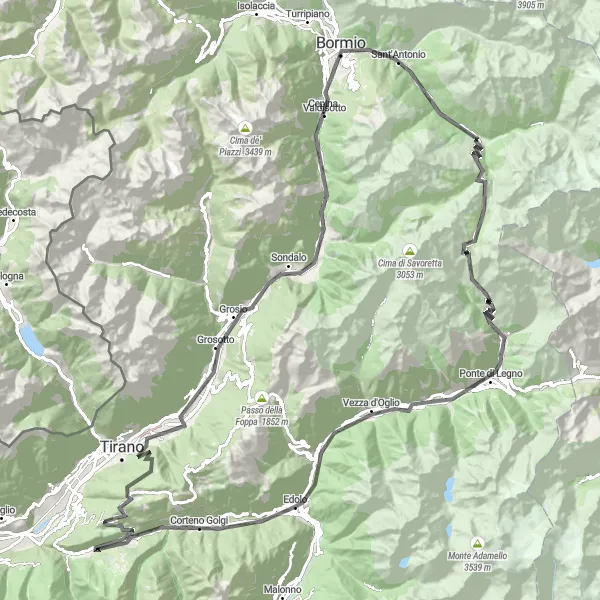 Kartminiatyr av "Passo dell'Aprica till Bormio cykelrunda" cykelinspiration i Lombardia, Italy. Genererad av Tarmacs.app cykelruttplanerare