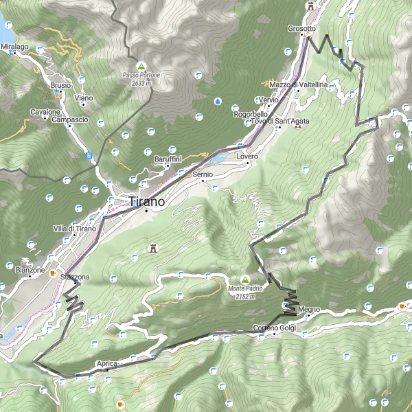 Kartminiatyr av "Utfordrende rute med naturskjønne høydepunkter" sykkelinspirasjon i Lombardia, Italy. Generert av Tarmacs.app sykkelrutoplanlegger