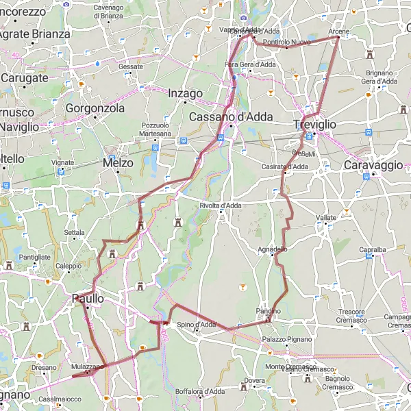 Map miniature of "Arzago d'Adda to Pontirolo Nuovo Gravel Adventure" cycling inspiration in Lombardia, Italy. Generated by Tarmacs.app cycling route planner