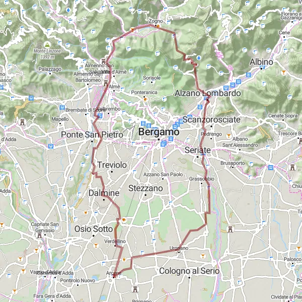 Kartminiatyr av "Eventyrlig grusvei fra Levate til Urgnano gjennom Ponte San Pietro" sykkelinspirasjon i Lombardia, Italy. Generert av Tarmacs.app sykkelrutoplanlegger